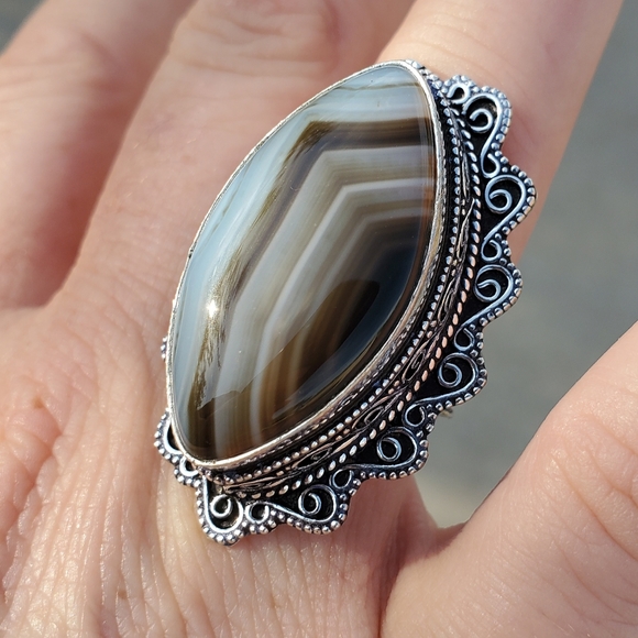 New Huge Botswana Agate Antique Design 925 Silver Statement Ring. - Picture 3 of 16